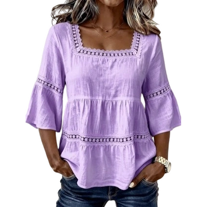 🌸 Elegant Square Neck Summer Blouse – Boho Lace, Bell Sleeves, Tiered Flow ✨