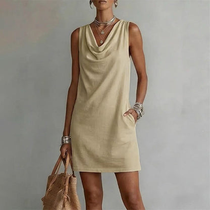 👗 Elegant Slim Fit Cowl Neck Dress – Sleeveless, Side Pockets, Versatile ✨