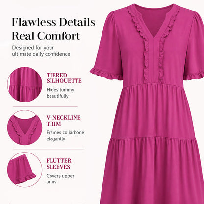 Women's Ruffle Trim V-Neck Tiered Dress