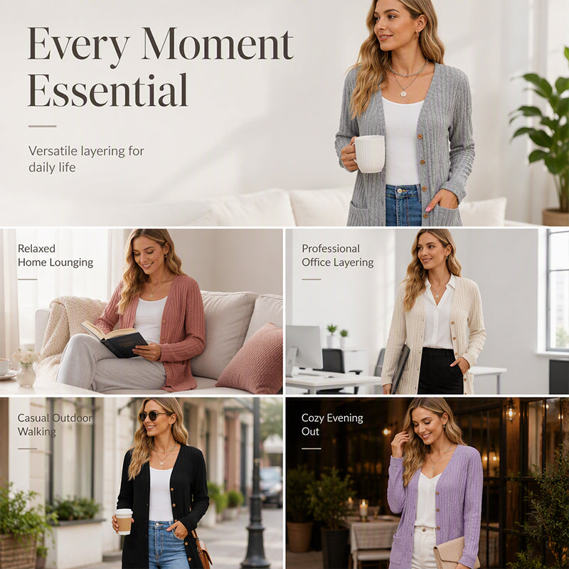 🧥Seasonal Style - V-Neck Cardigan with Relaxed Mid-Length – Soft Drape & Easy Pairing for Any Occasion