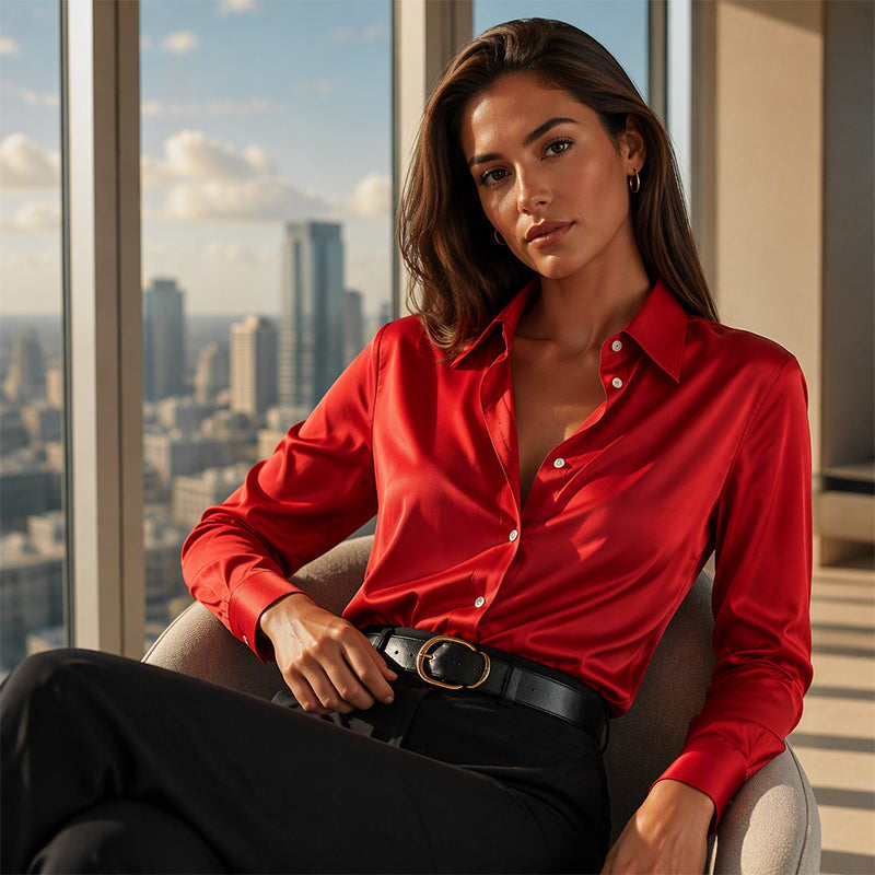 ✨ Silky Sheen, Elegant Everyday Drape | Women's Satin Button-Down Shirt