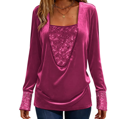 Women's Sequin Patchwork Long Sleeve Top