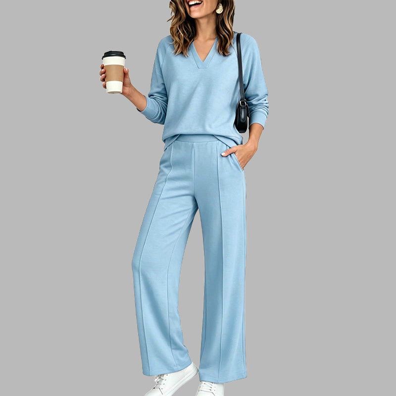 ✨Women's 2 Piece Outfits V Neck Lounge Set | Raglan Long Sleeve Top & Wide Leg Pants
