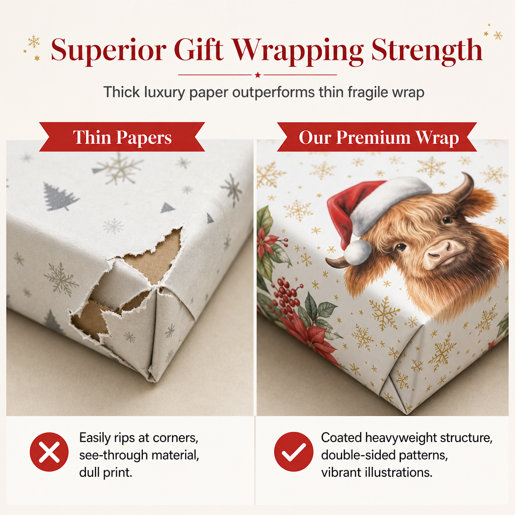 🎄🐮 Reversible Christmas Highland Cow Gift Wrapping Paper Roll – Thick Tear‑Resistant Craft Paper, 2 Festive Designs in 1 Roll (43cm×5m) 🎁