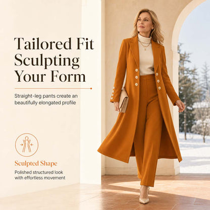 ✨ Women's Double-Breasted Knit Set – Elegant Long Coat + Straight Pants, Gold Buttons Chic Winter Look 💕