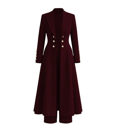 ✨ Women's Double-Breasted Knit Set – Elegant Long Coat + Straight Pants, Gold Buttons Chic Winter Look 💕