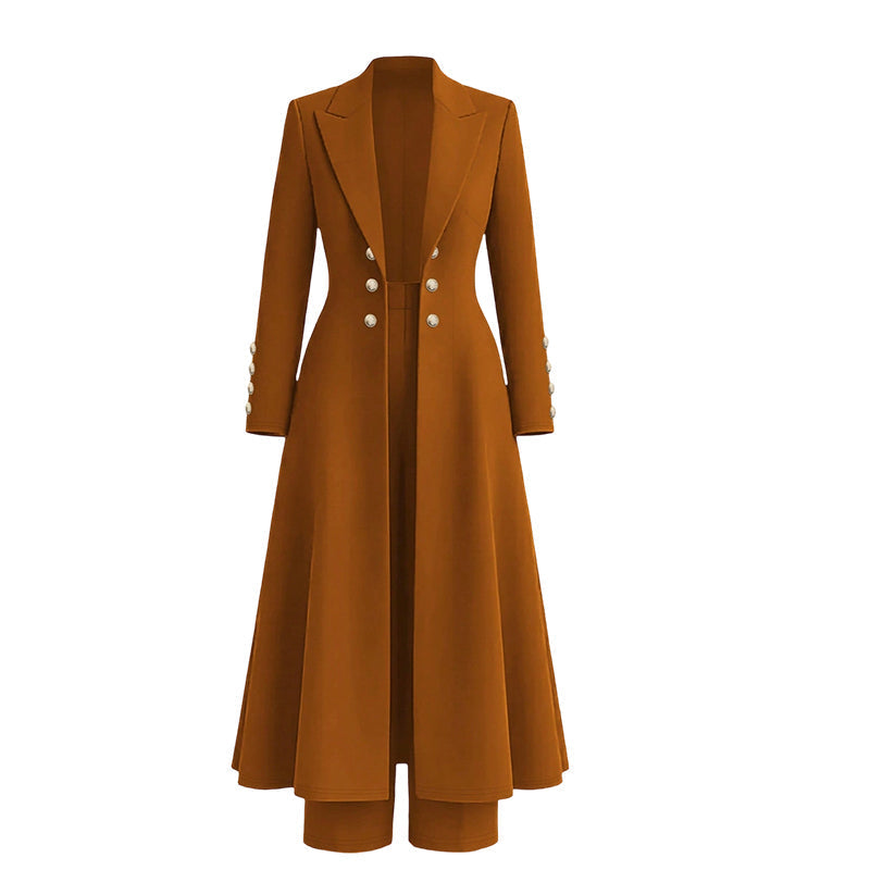 ✨ Women's Double-Breasted Knit Set – Elegant Long Coat + Straight Pants, Gold Buttons Chic Winter Look 💕