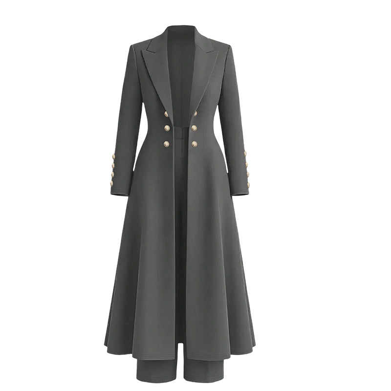✨ Women's Double-Breasted Knit Set – Elegant Long Coat + Straight Pants, Gold Buttons Chic Winter Look 💕