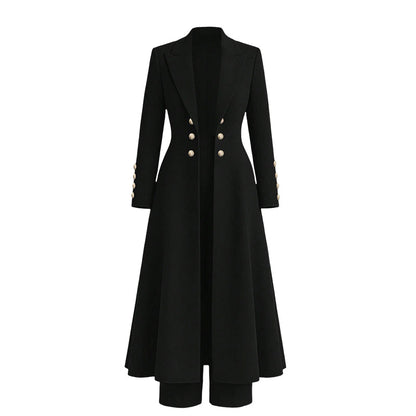 ✨ Women's Double-Breasted Knit Set – Elegant Long Coat + Straight Pants, Gold Buttons Chic Winter Look 💕