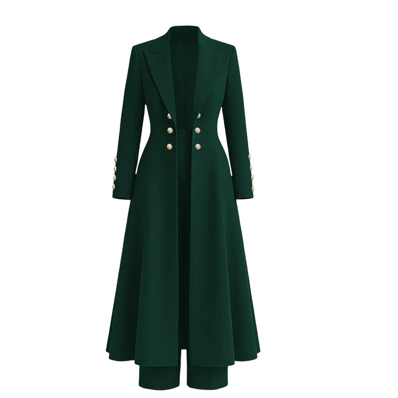 ✨ Women's Double-Breasted Knit Set – Elegant Long Coat + Straight Pants, Gold Buttons Chic Winter Look 💕