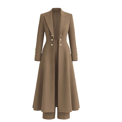 ✨ Women's Double-Breasted Knit Set – Elegant Long Coat + Straight Pants, Gold Buttons Chic Winter Look 💕