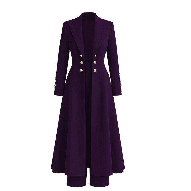 ✨ Women's Double-Breasted Knit Set – Elegant Long Coat + Straight Pants, Gold Buttons Chic Winter Look 💕