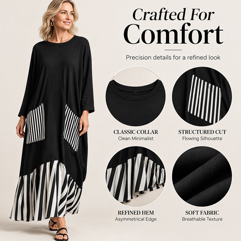 👗 Eye-Catching Pattern Mix, Graceful Long-Line Flow | Women's Striped Patchwork Long Sleeve Maxi Dress