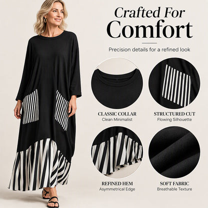 👗 Eye-Catching Pattern Mix, Graceful Long-Line Flow | Women's Striped Patchwork Long Sleeve Maxi Dress