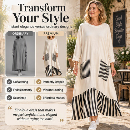 👗 Eye-Catching Pattern Mix, Graceful Long-Line Flow | Women's Striped Patchwork Long Sleeve Maxi Dress