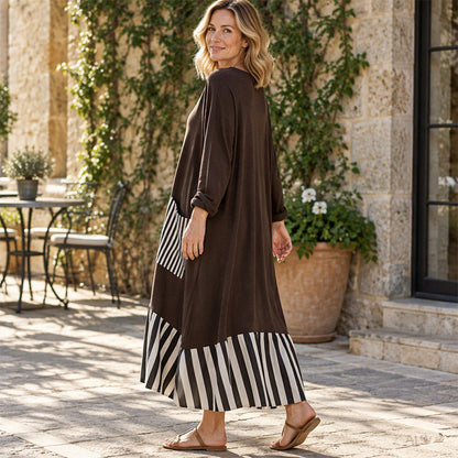 👗 Eye-Catching Pattern Mix, Graceful Long-Line Flow | Women's Striped Patchwork Long Sleeve Maxi Dress