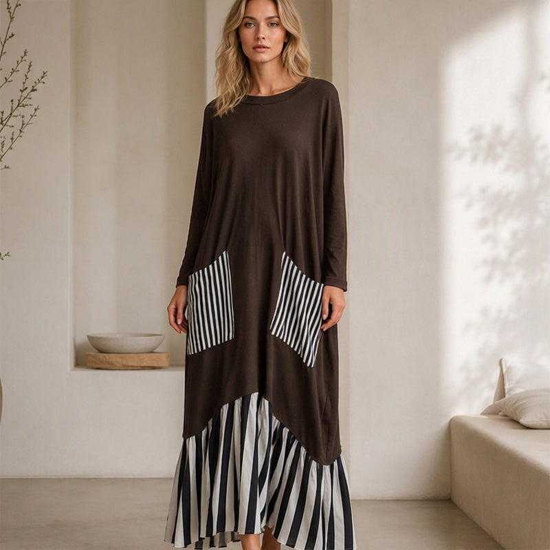 👗 Eye-Catching Pattern Mix, Graceful Long-Line Flow | Women's Striped Patchwork Long Sleeve Maxi Dress