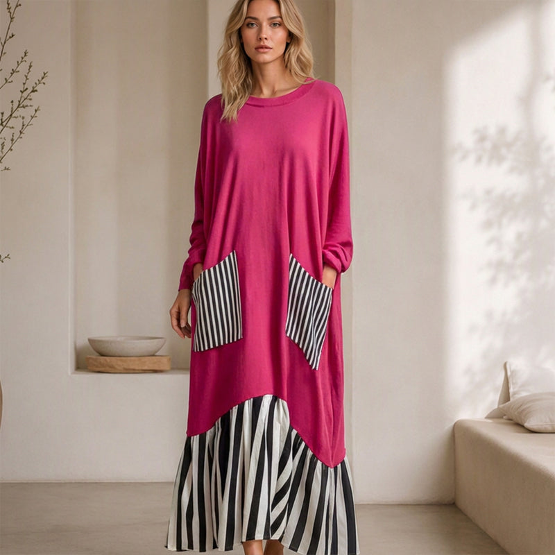 👗 Eye-Catching Pattern Mix, Graceful Long-Line Flow | Women's Striped Patchwork Long Sleeve Maxi Dress