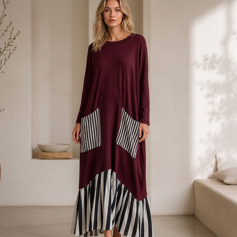 👗 Eye-Catching Pattern Mix, Graceful Long-Line Flow | Women's Striped Patchwork Long Sleeve Maxi Dress